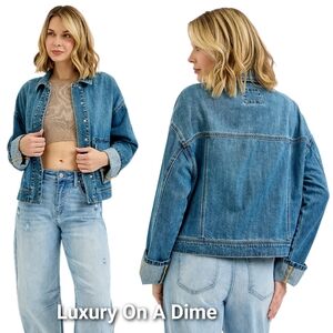 RISEN Embroidered Snap Front Oversized Boyfriend Cargo Pocket Jean Denim Jacket